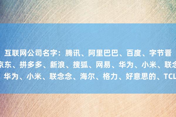 互联网公司名字:腾讯、阿里巴巴、百度、字节晋升、好意思团、滴滴、京东、拼多多、新浪、搜狐、网易、华为、小米、联念念、海尔、格力、好意思的、TCL、海信。